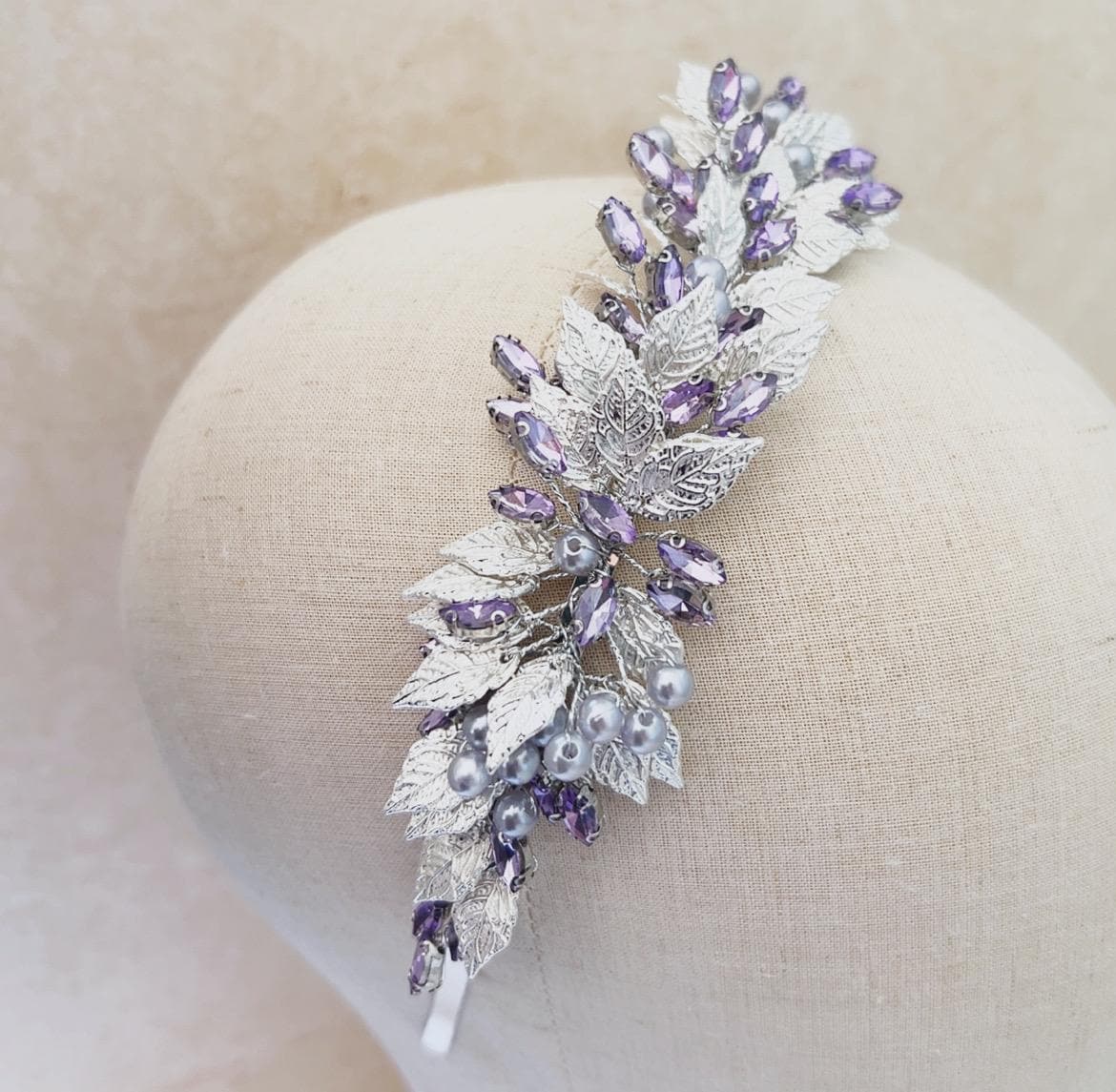 Silver leaf and lilac crystal headband - Petal & Pearl