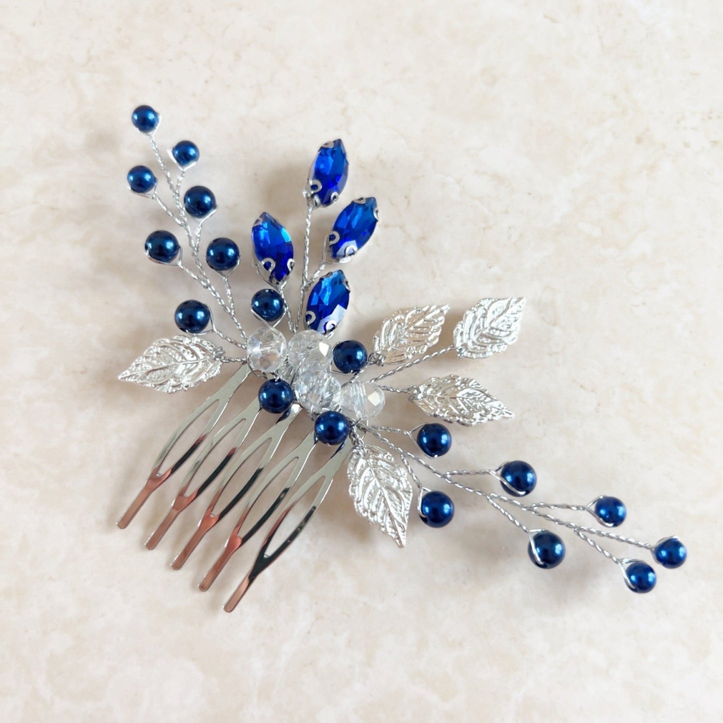 Silver leaf and royal blue crystal hair comb - Petal & Pearl