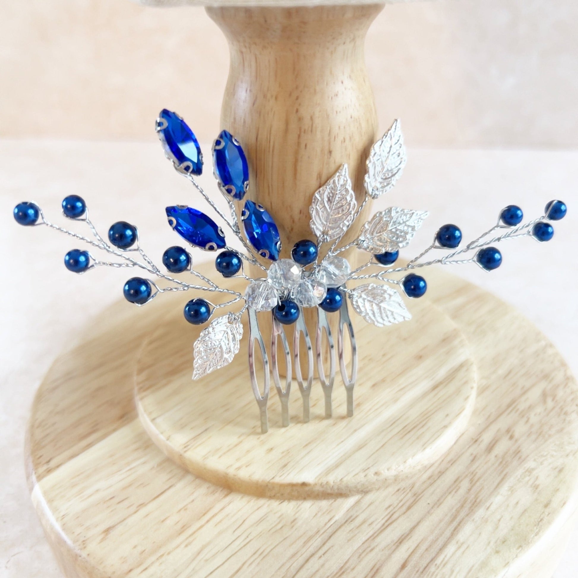 Silver leaf and royal blue crystal hair comb - Petal & Pearl