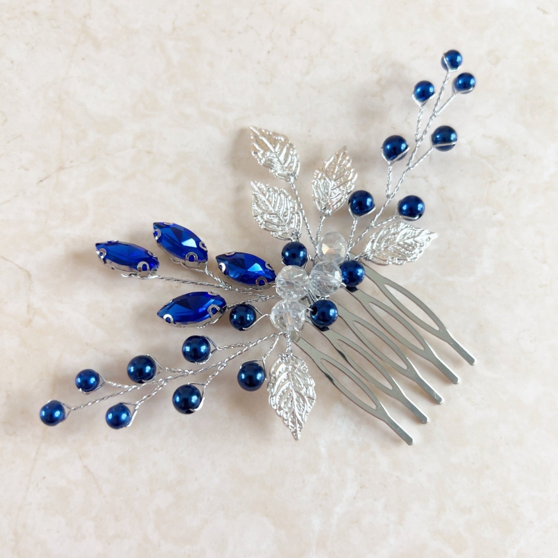 Silver leaf and royal blue crystal hair comb - Petal & Pearl