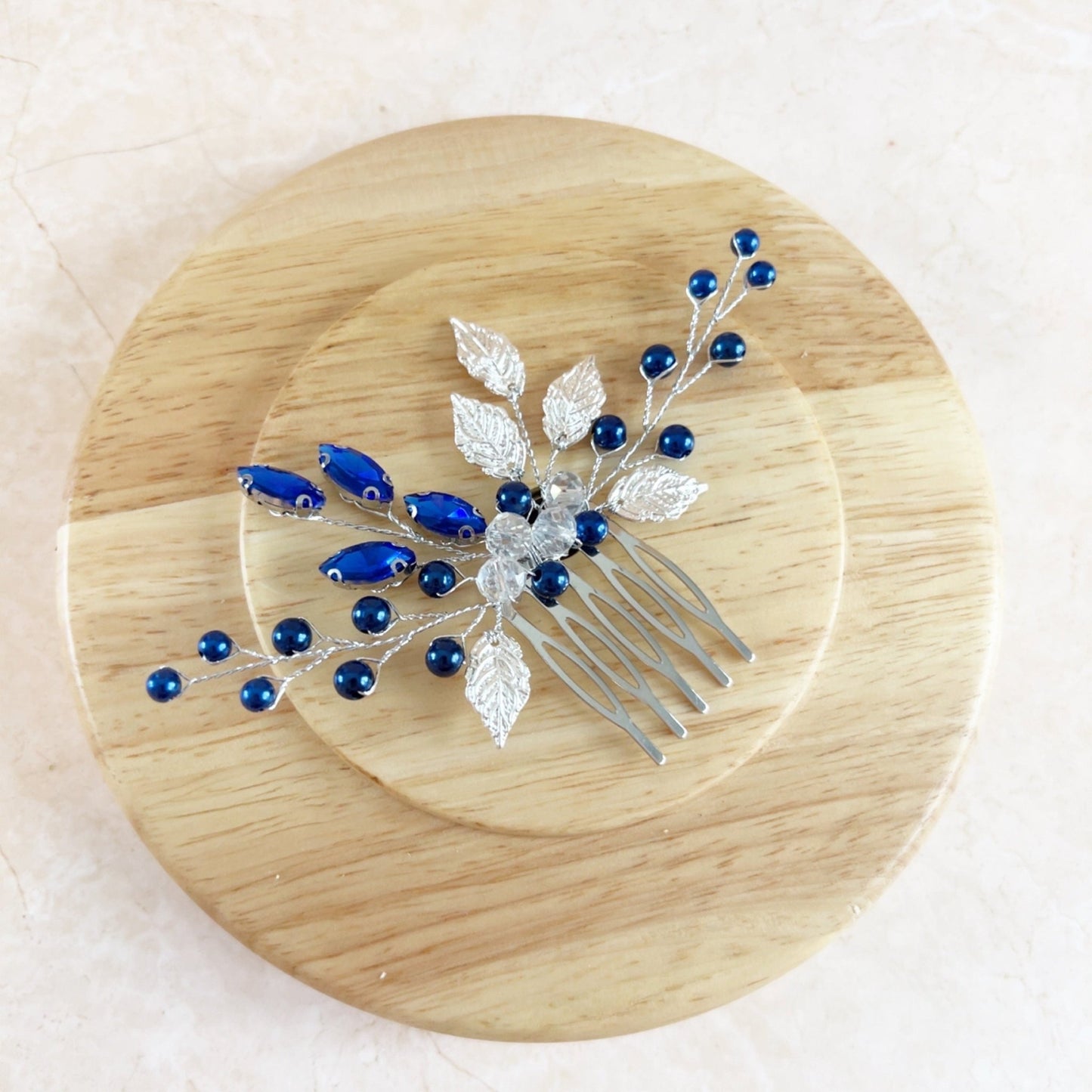 Silver leaf and royal blue crystal hair comb - Petal & Pearl