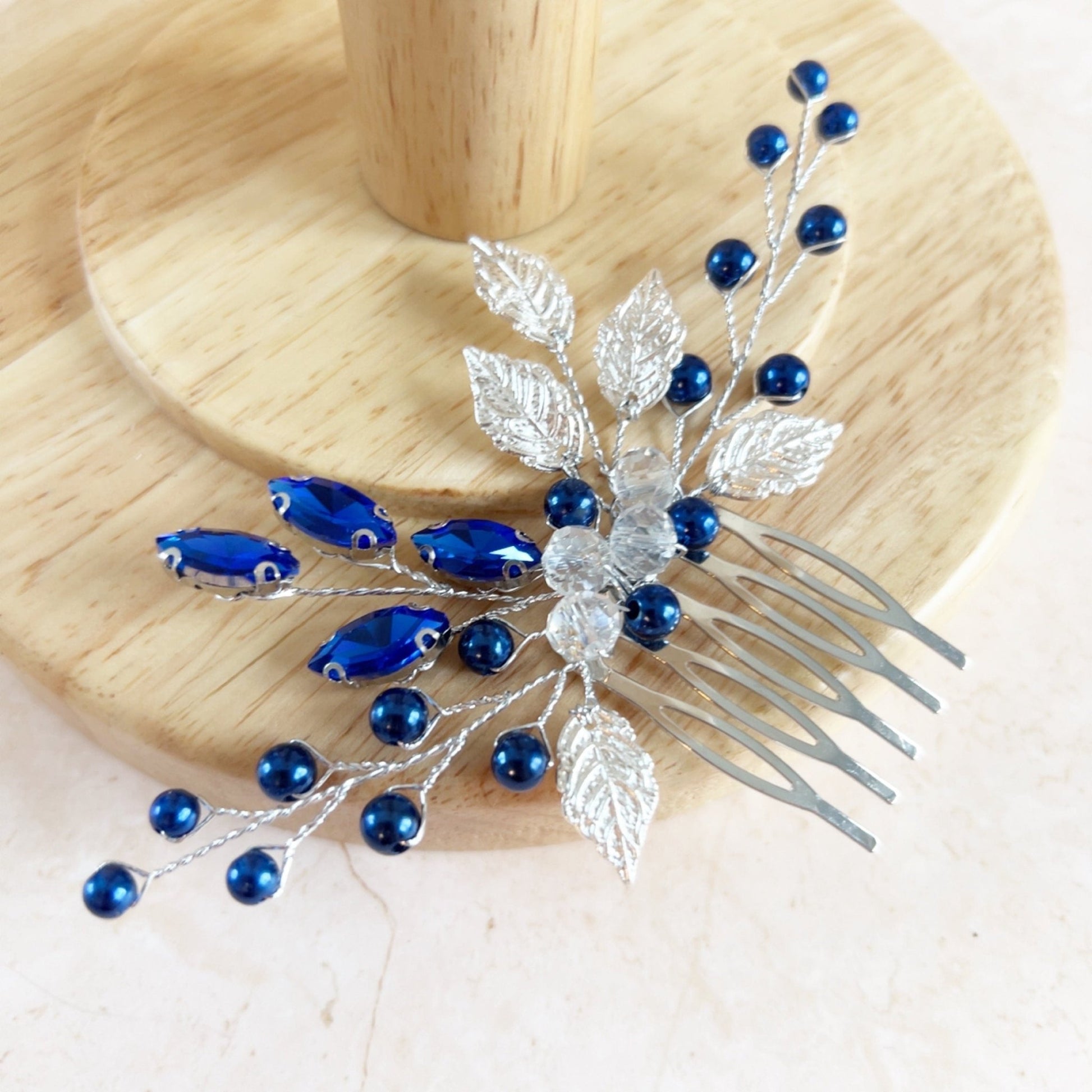 Silver leaf and royal blue crystal hair comb - Petal & Pearl