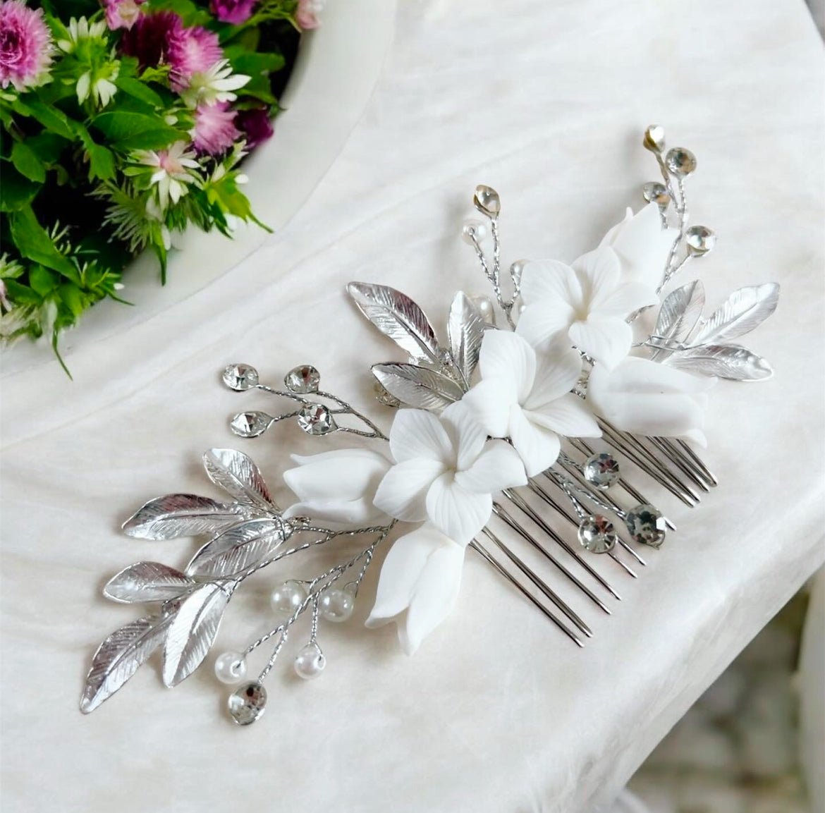 Silver leaf bridal hair comb - Petal & Pearl