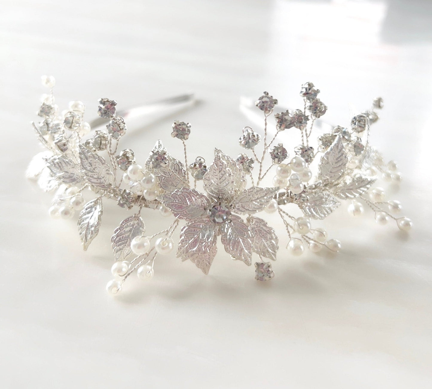 Silver leaf bridal headband - Petal & Pearl