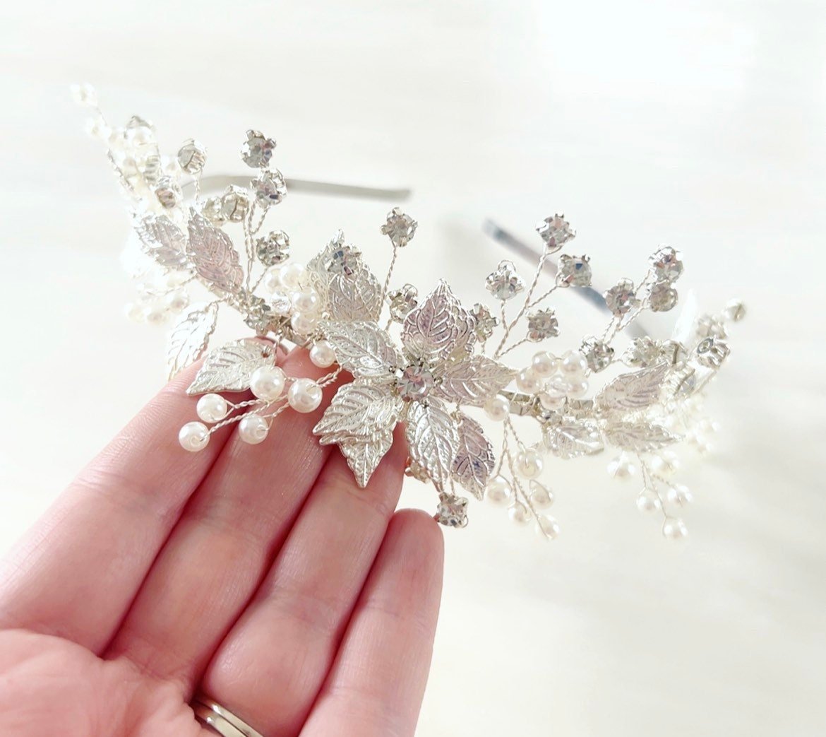 Silver leaf bridal headband - Petal & Pearl