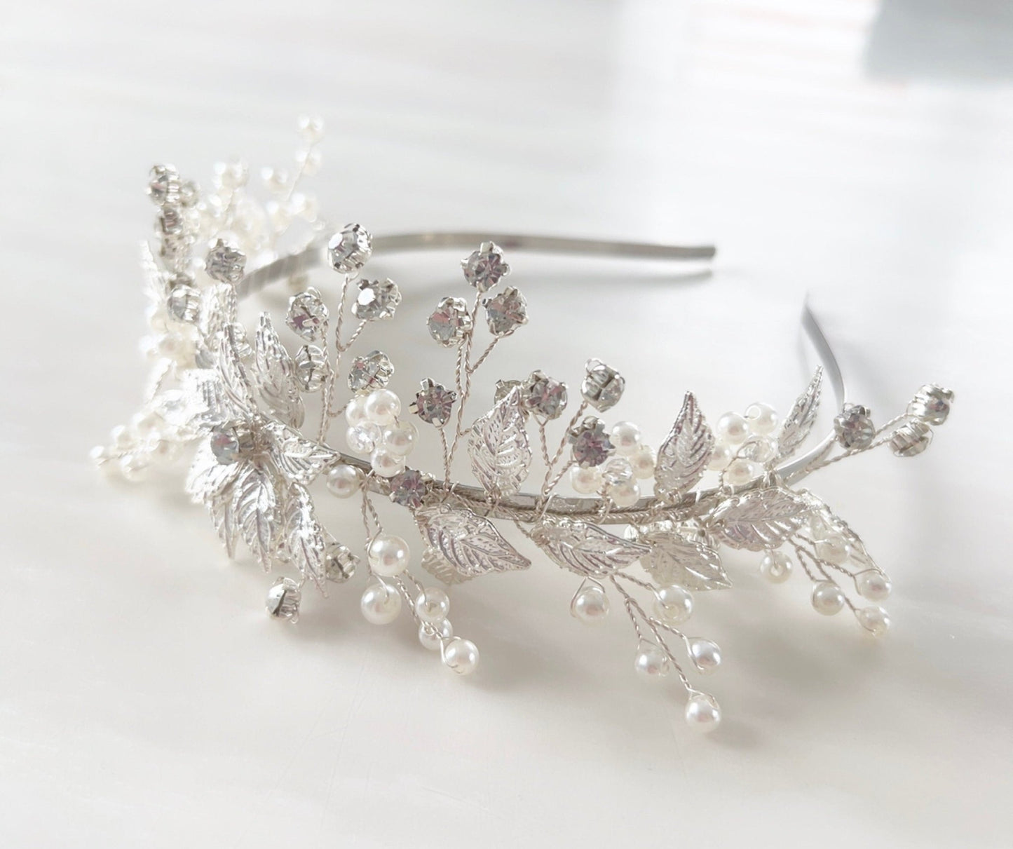 Silver leaf bridal headband - Petal & Pearl