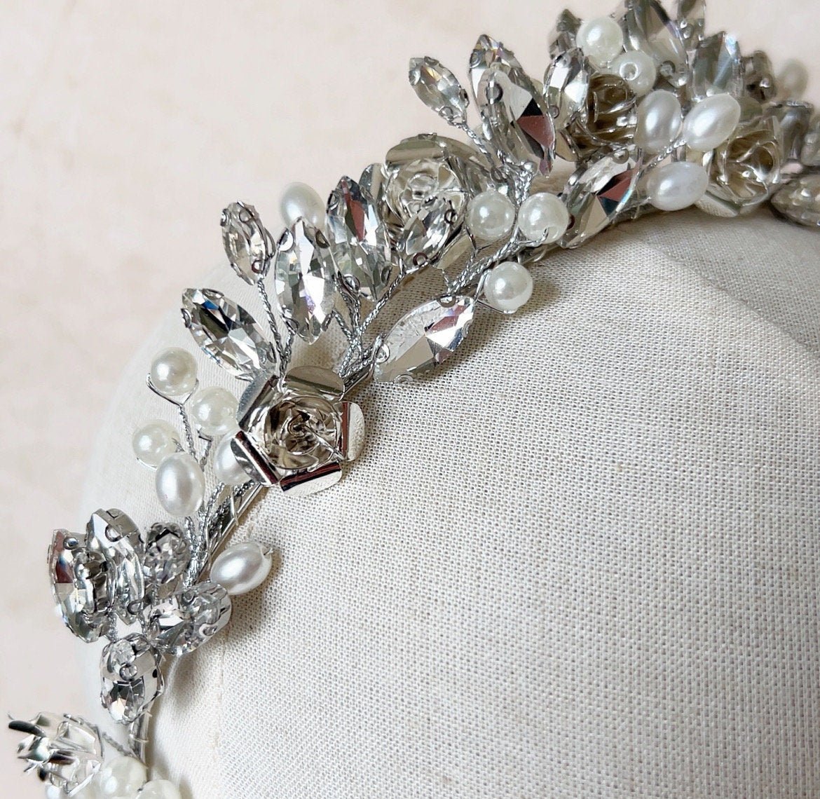 Silver Rose Bridal Crown - Petal & Pearl