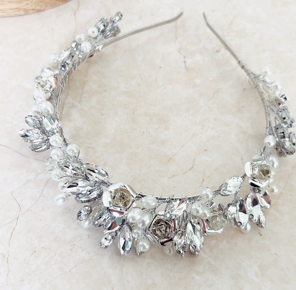 Silver Rose Bridal Crown - Petal & Pearl