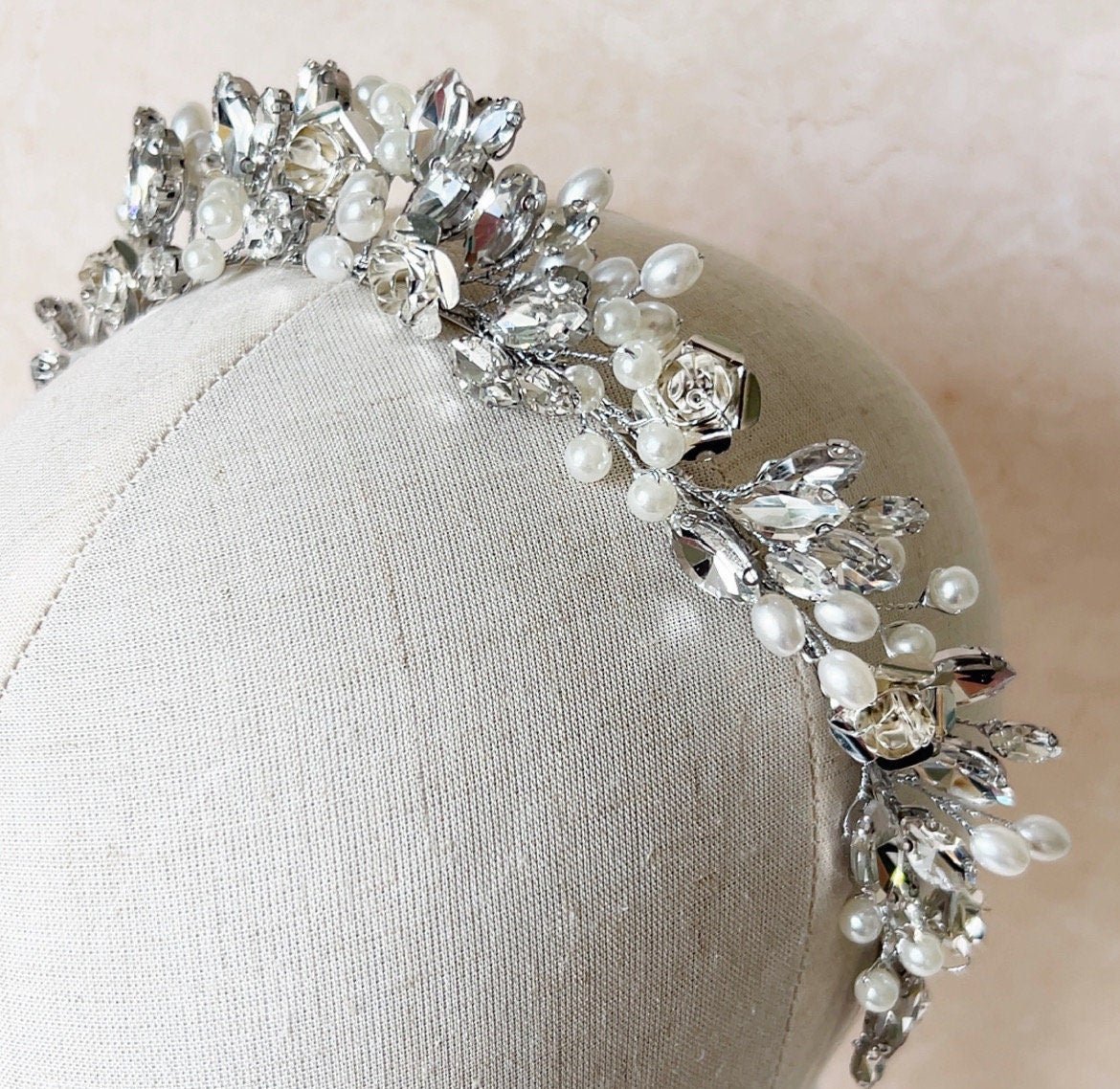 Silver Rose Bridal Crown - Petal & Pearl