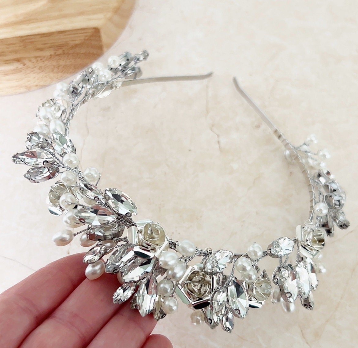 Silver Rose Bridal Crown - Petal & Pearl