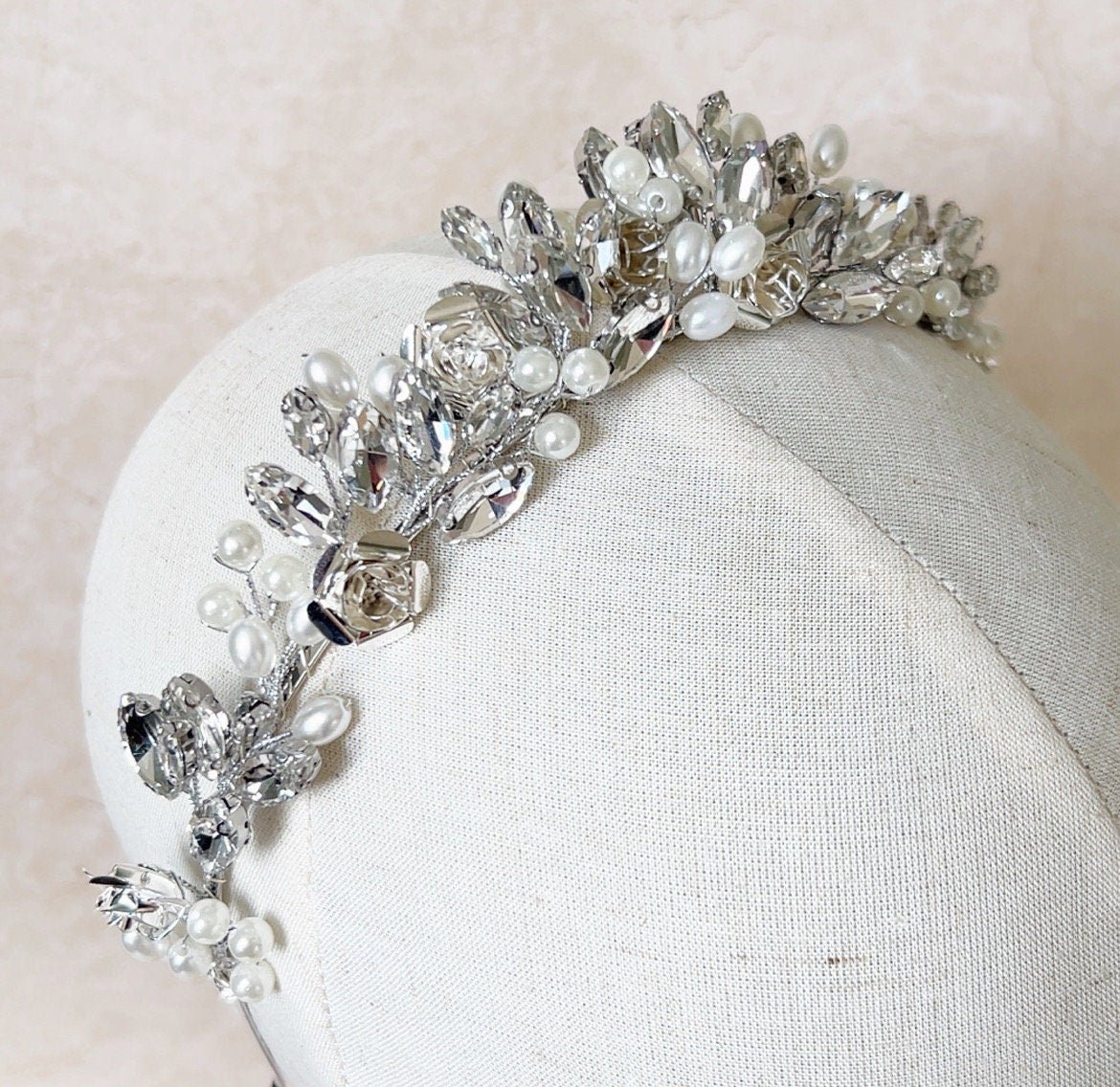 Silver Rose Bridal Crown - Petal & Pearl