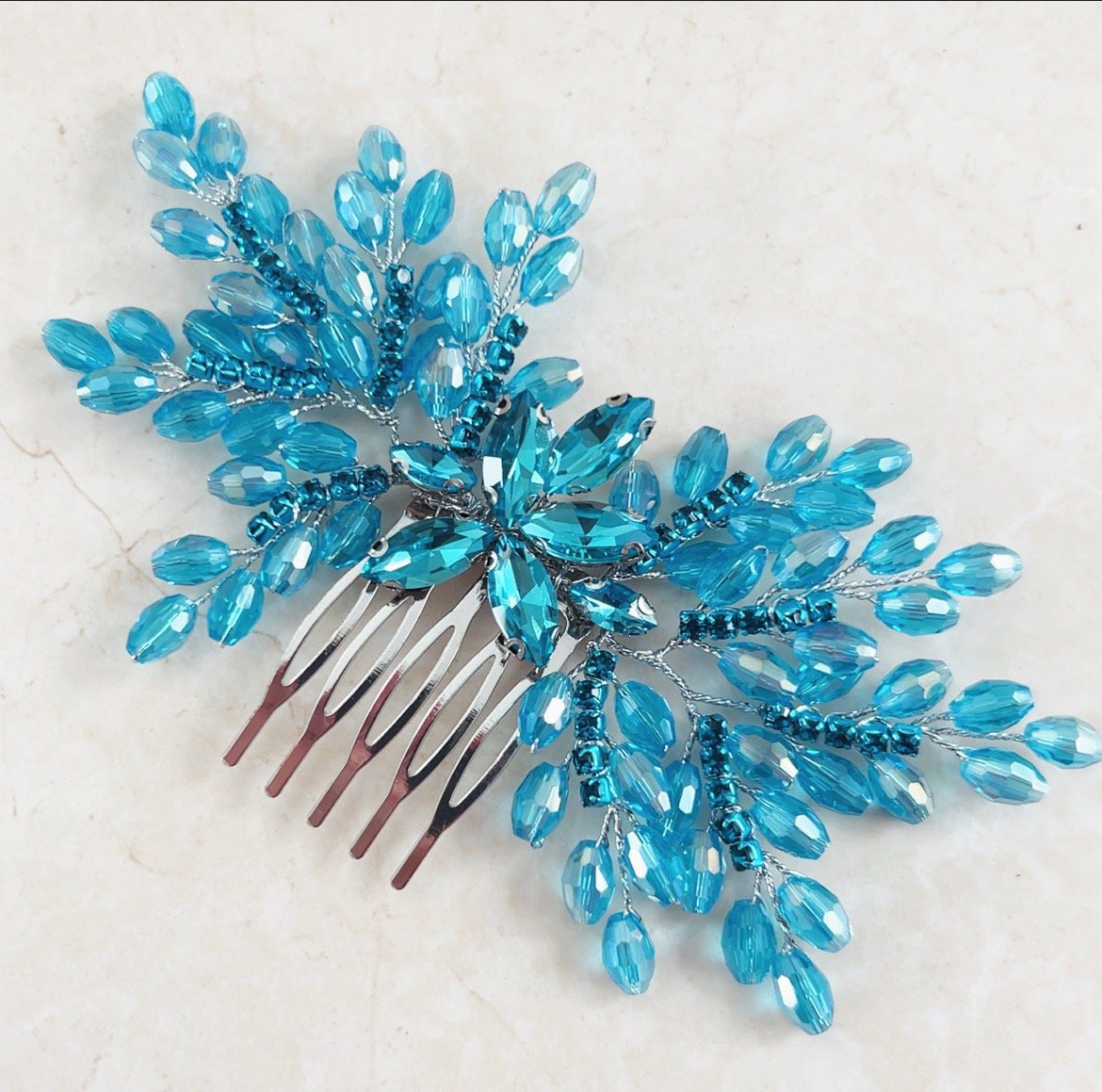 Vibrant blue bow crystal hair comb - Petal & Pearl