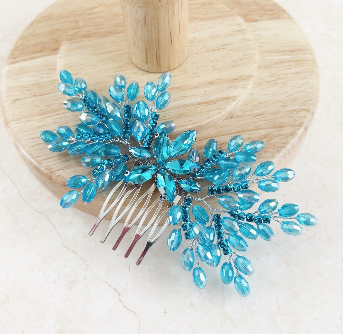 Vibrant blue bow crystal hair comb - Petal & Pearl