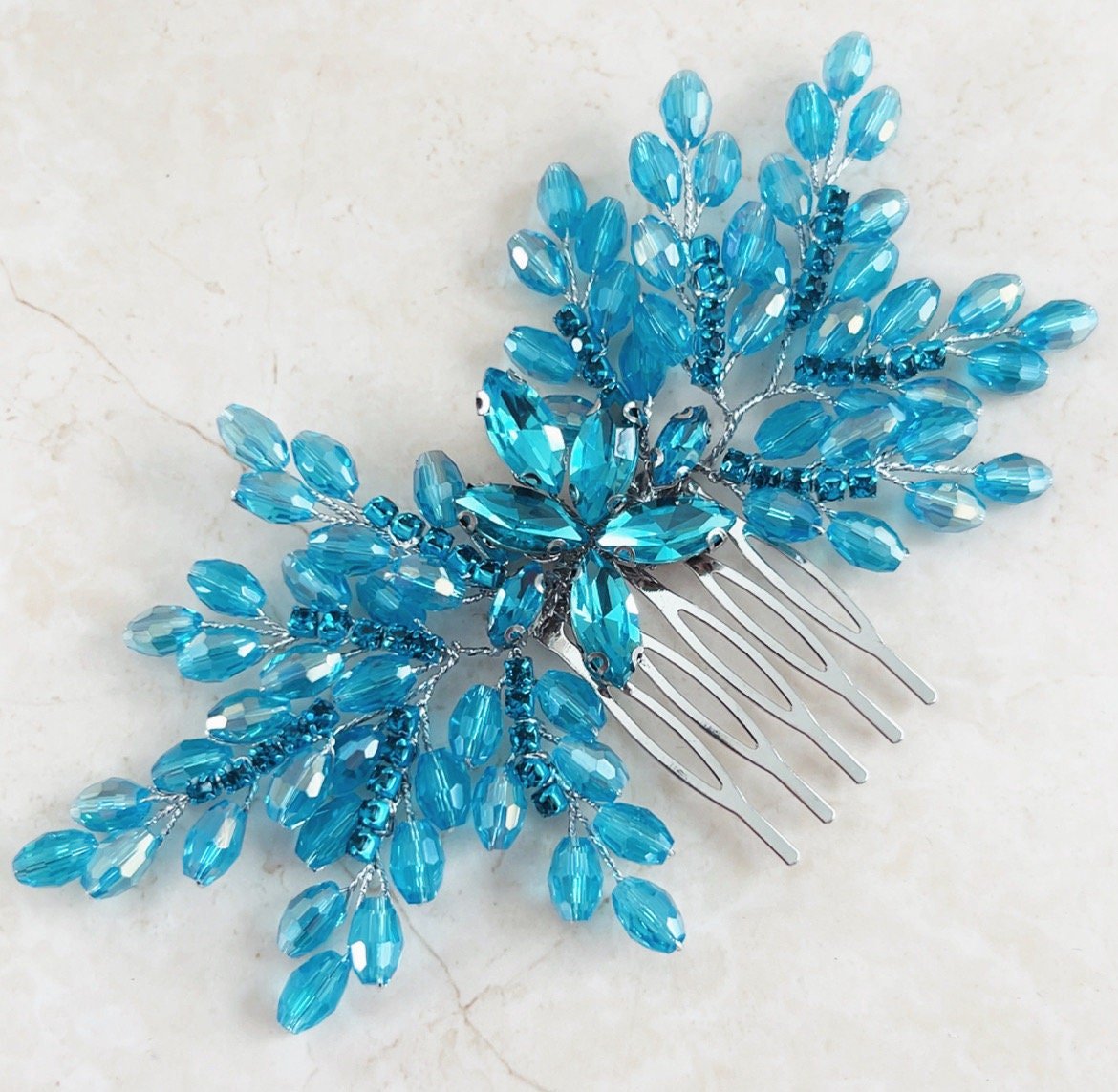 Vibrant blue bow crystal hair comb - Petal & Pearl