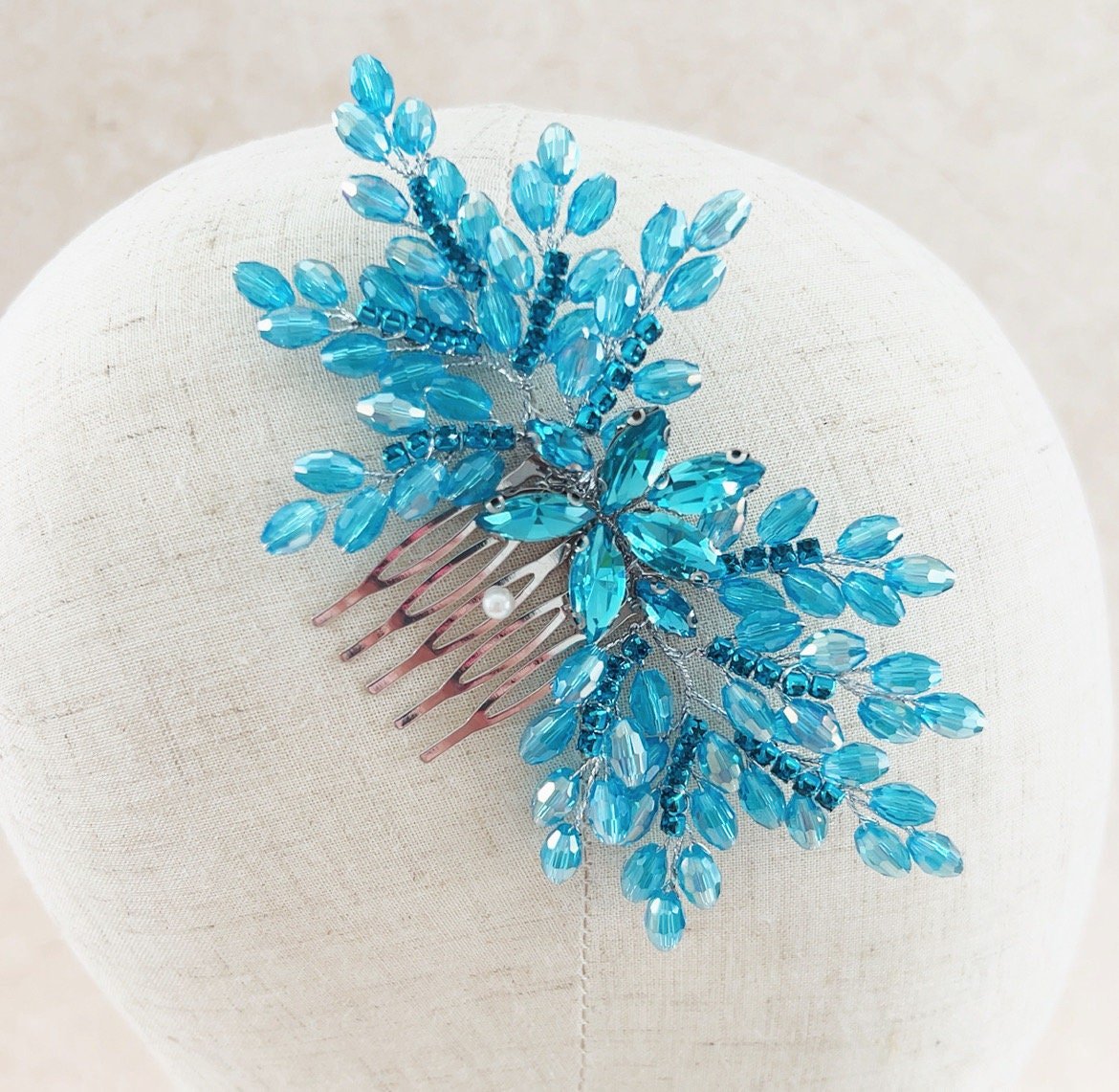 Vibrant blue bow crystal hair comb - Petal & Pearl