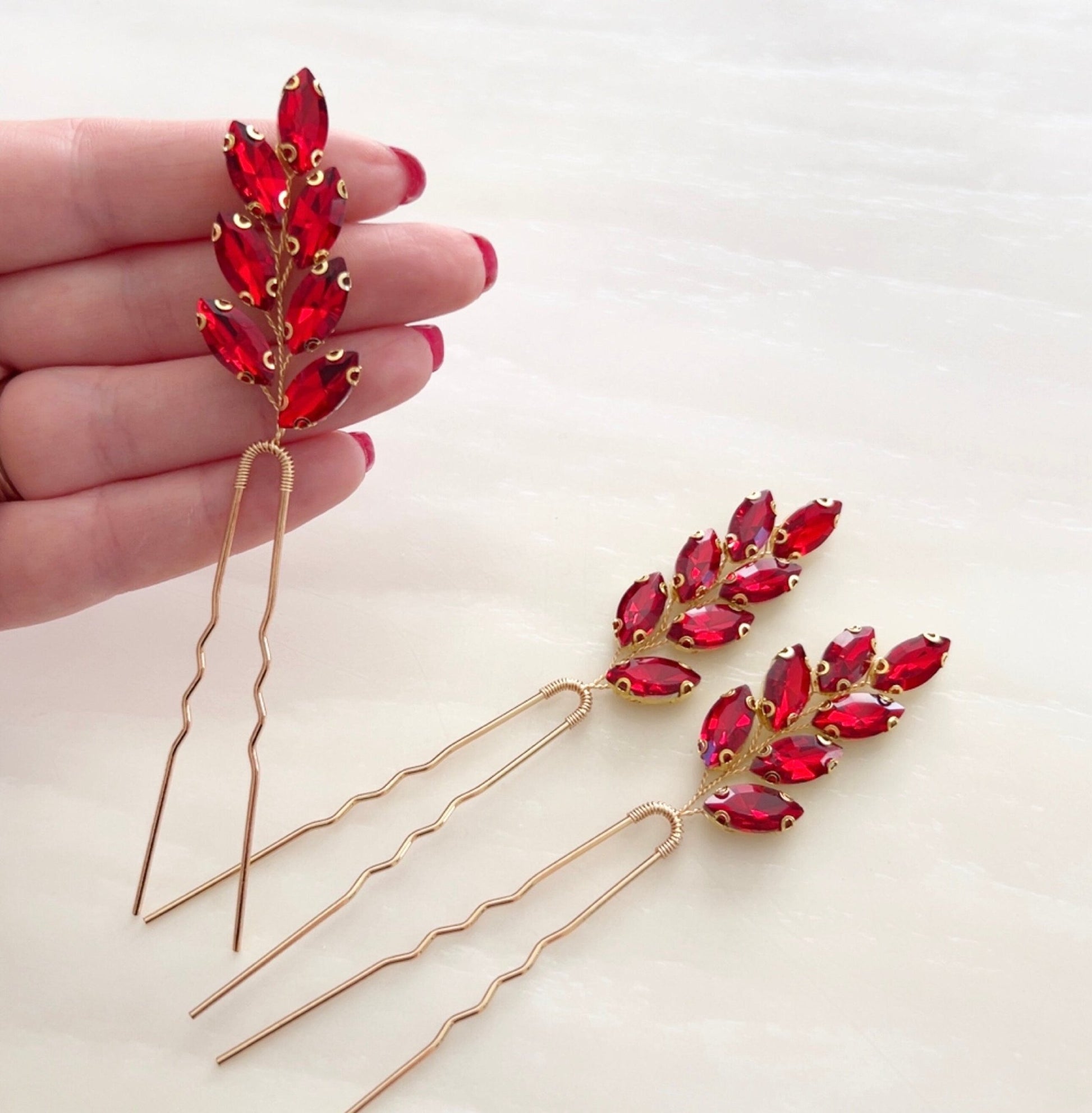 Vibrant red crystal hair pins - Petal & Pearl