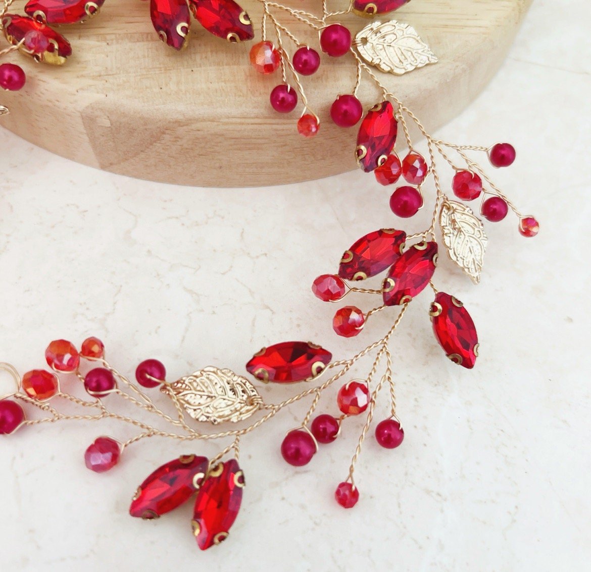 Vibrant red crystal hair vine - Petal & Pearl