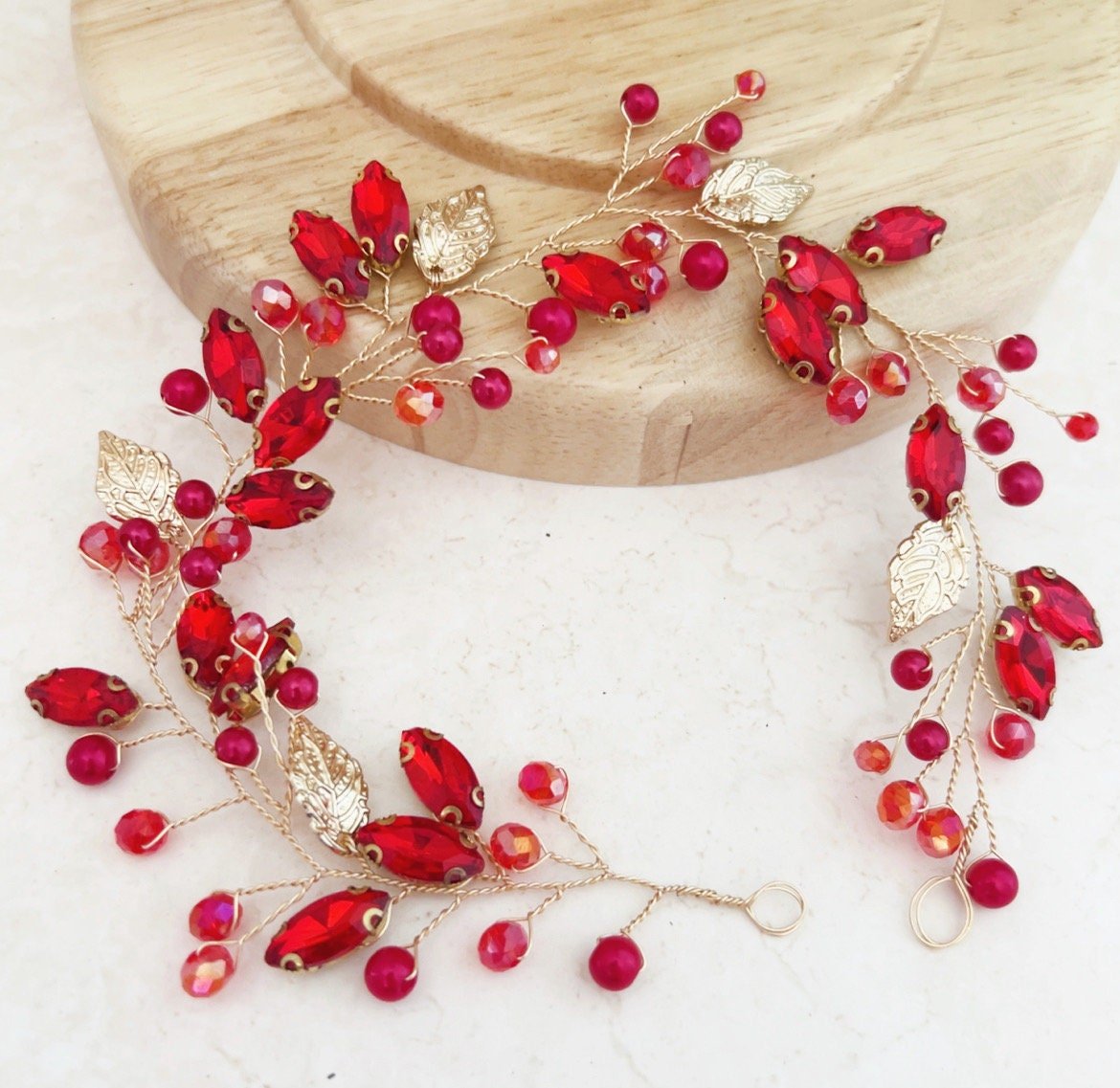 Vibrant red crystal hair vine - Petal & Pearl