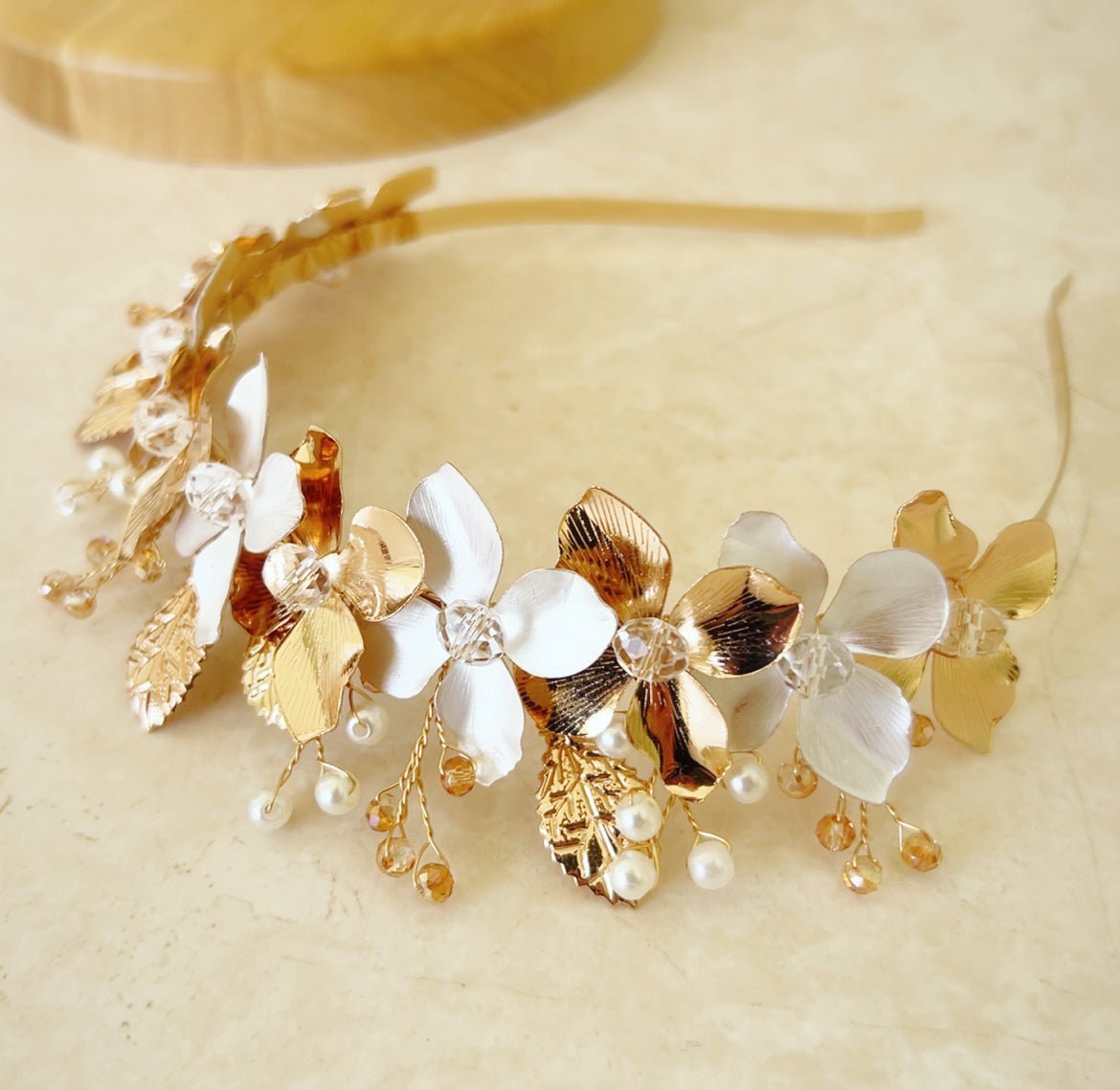 White and Gold Flower Bridal Crown - Petal & Pearl