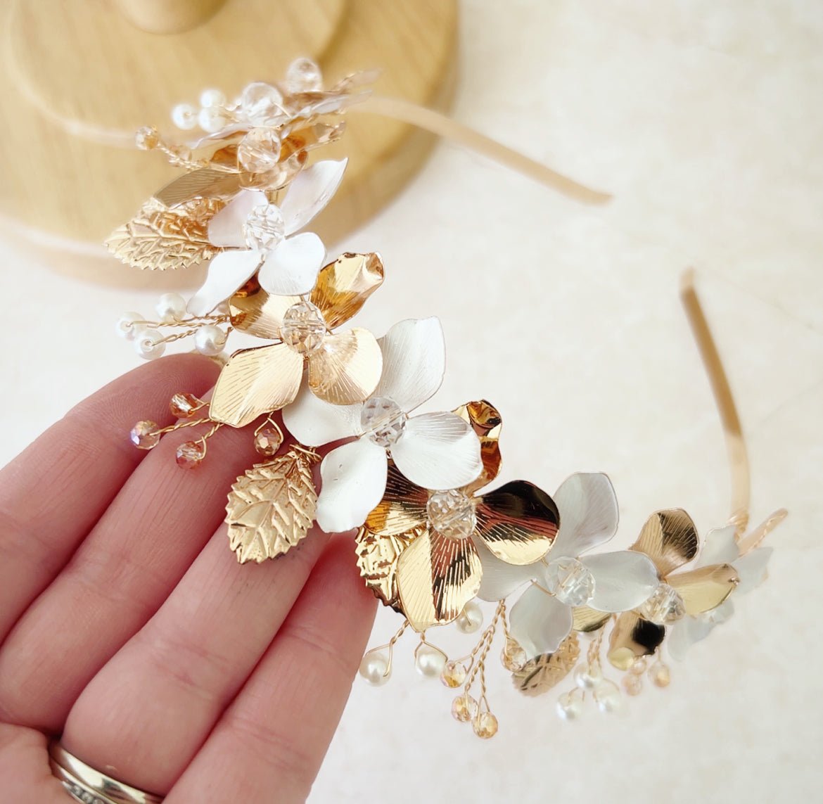 White and Gold Flower Bridal Crown - Petal & Pearl