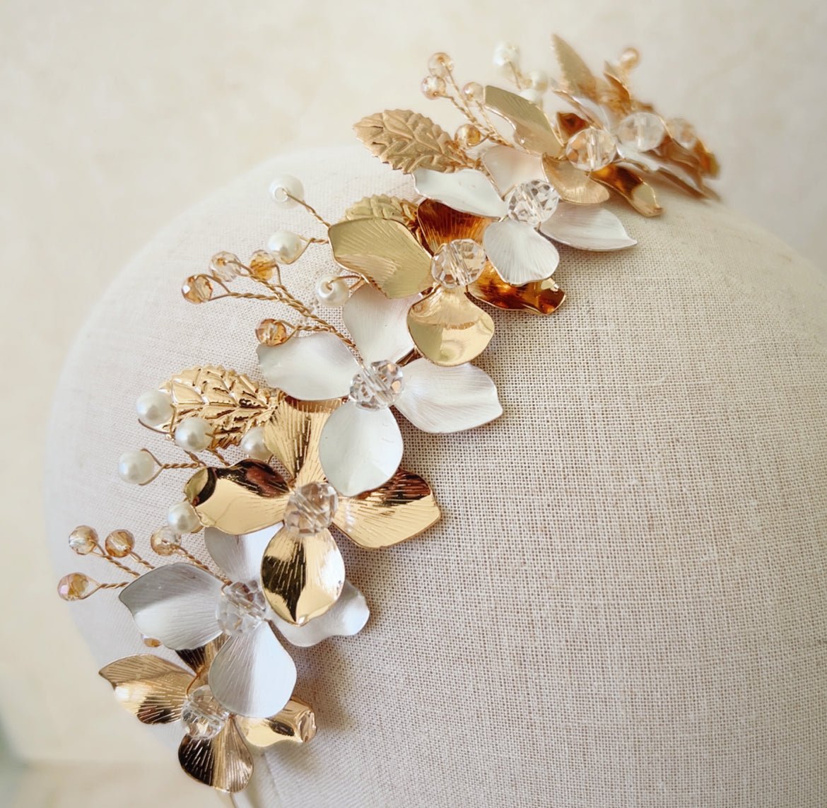 White and Gold Flower Bridal Crown - Petal & Pearl