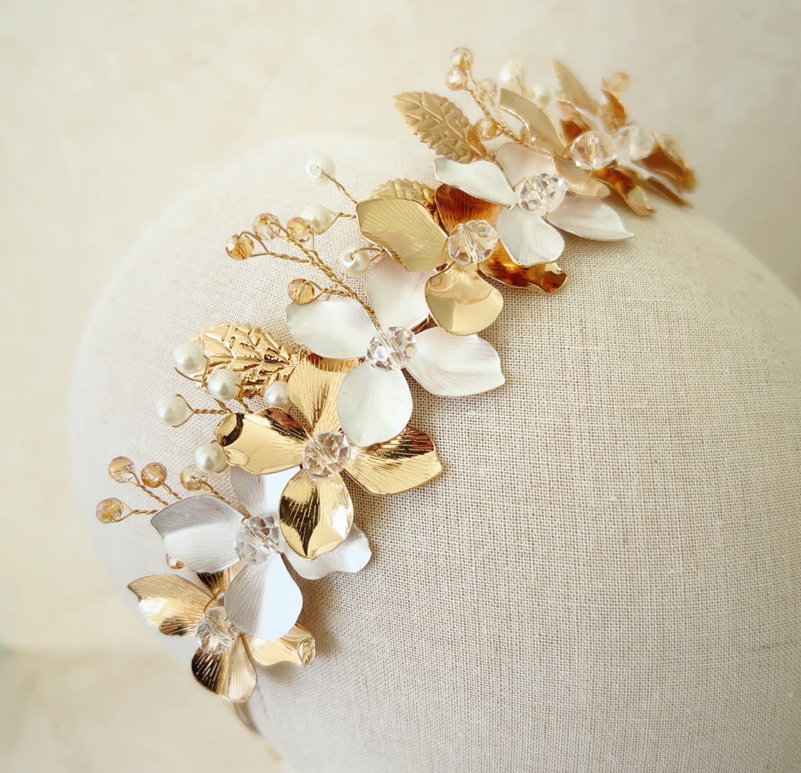 White and Gold Flower Bridal Crown - Petal & Pearl