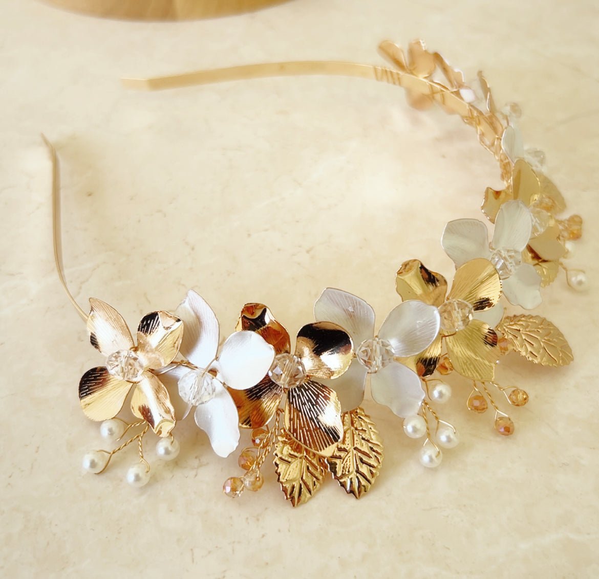 White and Gold Flower Bridal Crown - Petal & Pearl