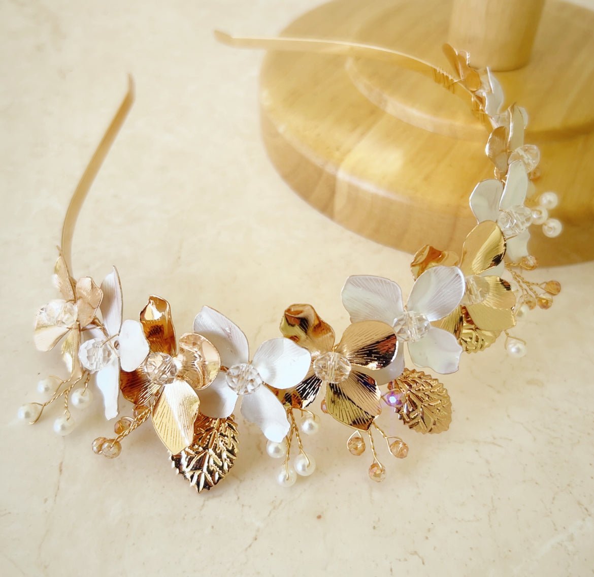 White and Gold Flower Bridal Crown - Petal & Pearl