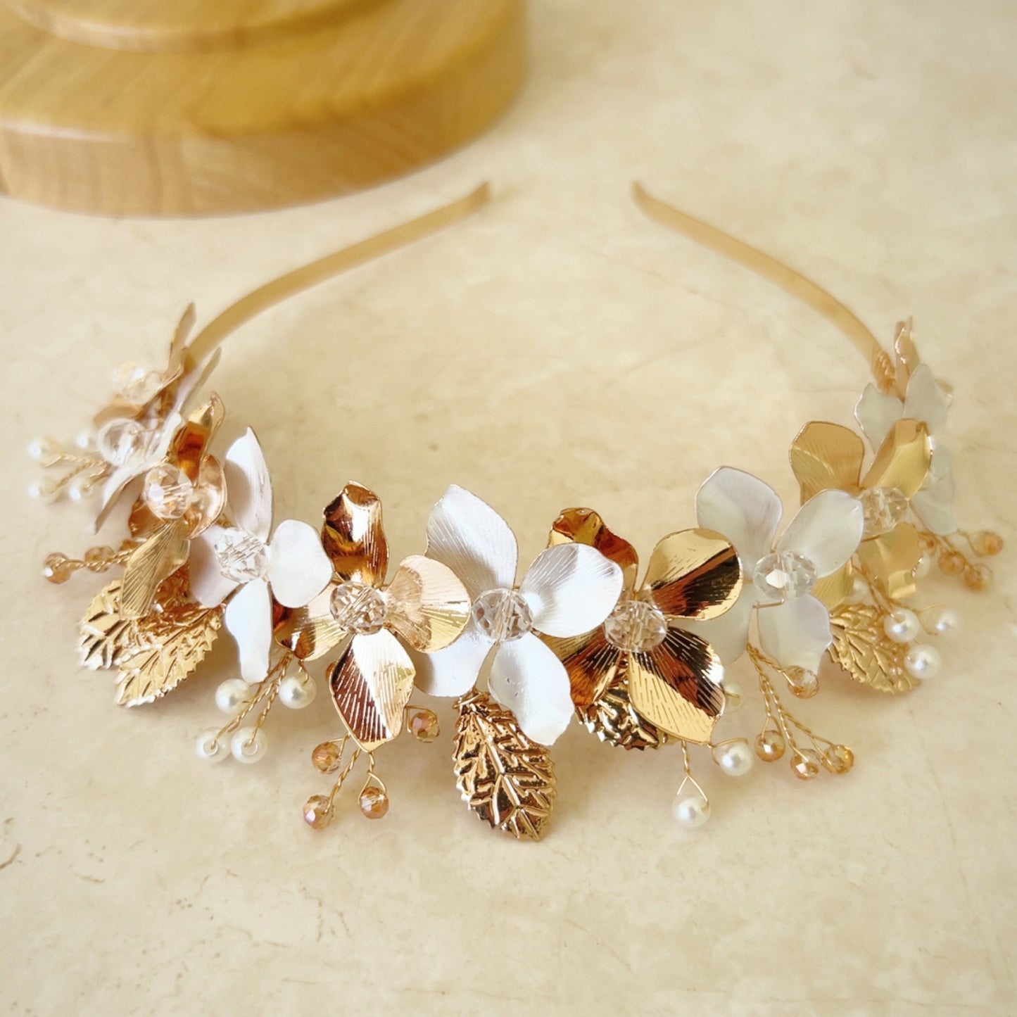 White and Gold Flower Bridal Crown - Petal & Pearl