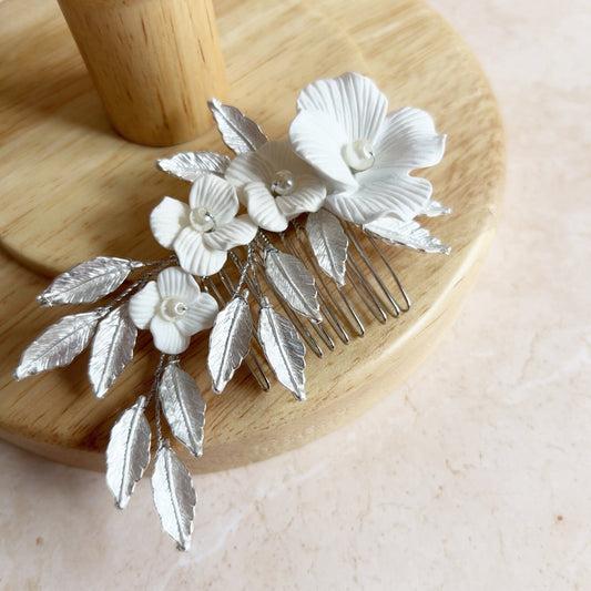 White and silver Bridal hair comb - Petal & Pearl