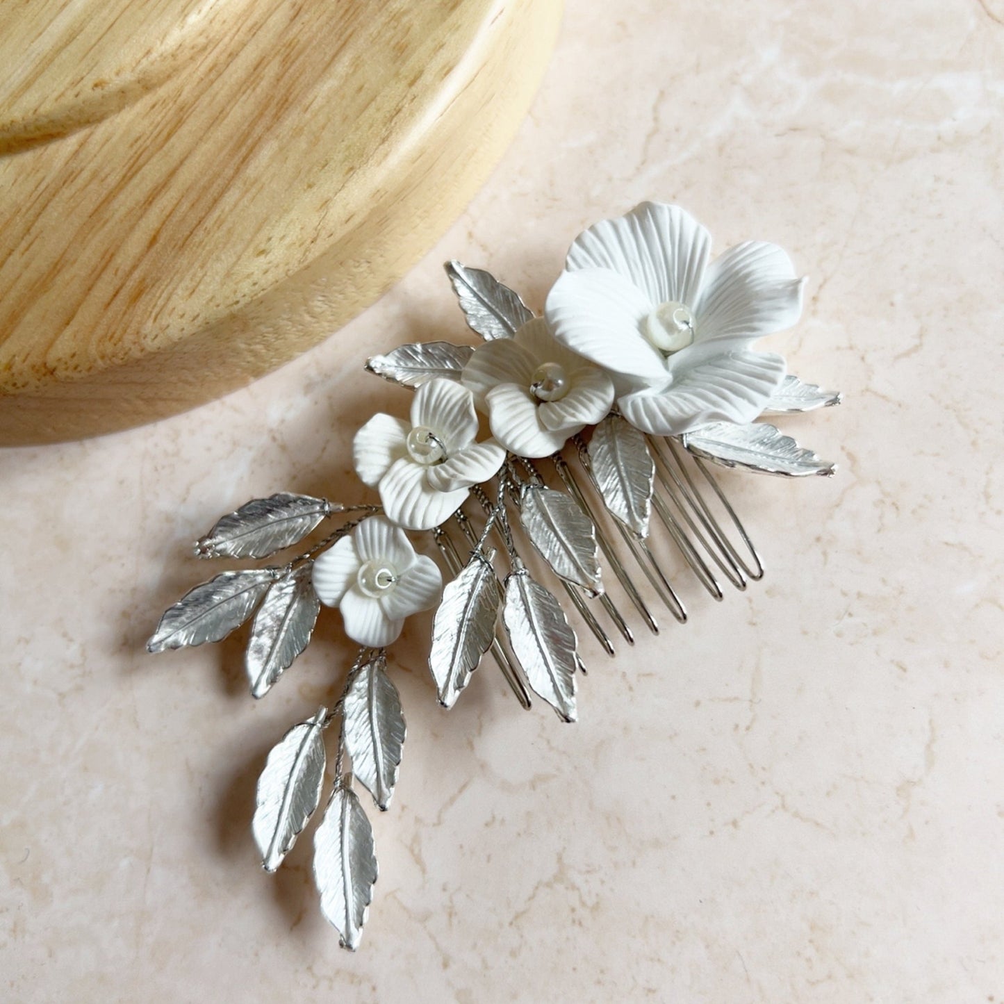 White and silver Bridal hair comb - Petal & Pearl