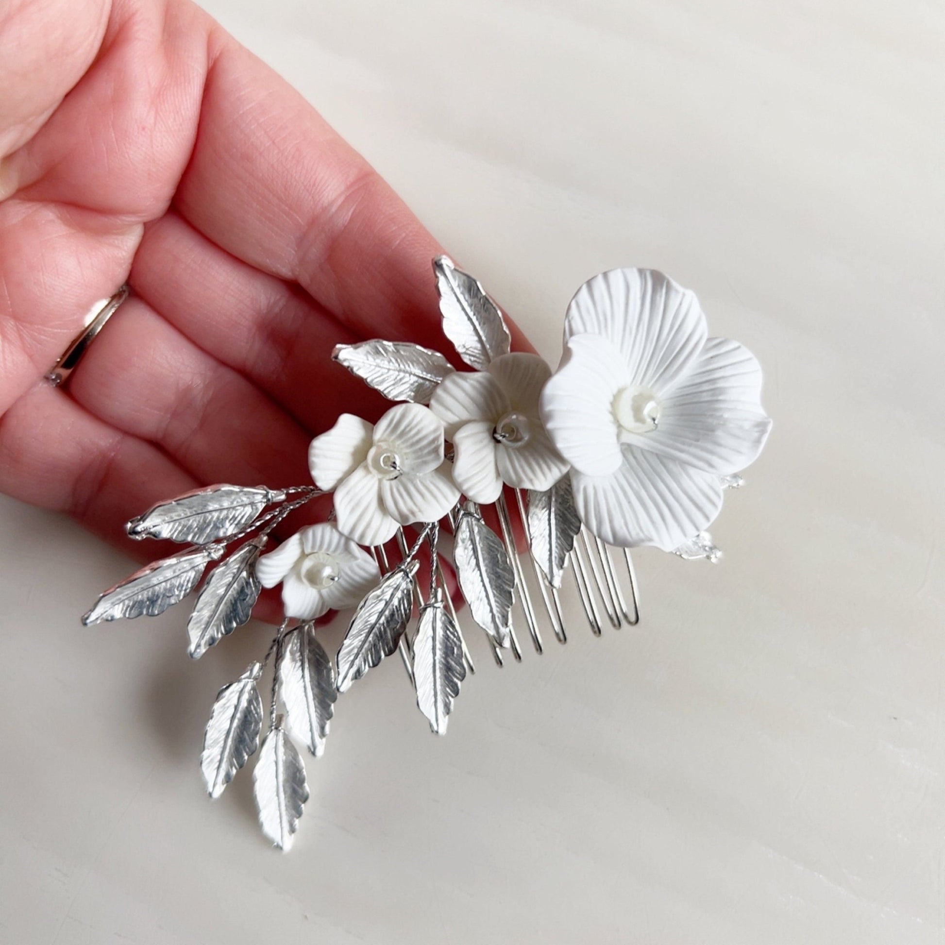 White and silver Bridal hair comb - Petal & Pearl