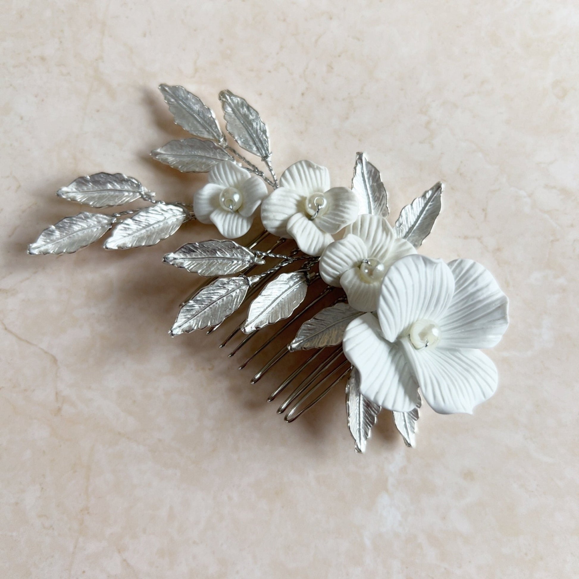 White and silver Bridal hair comb - Petal & Pearl