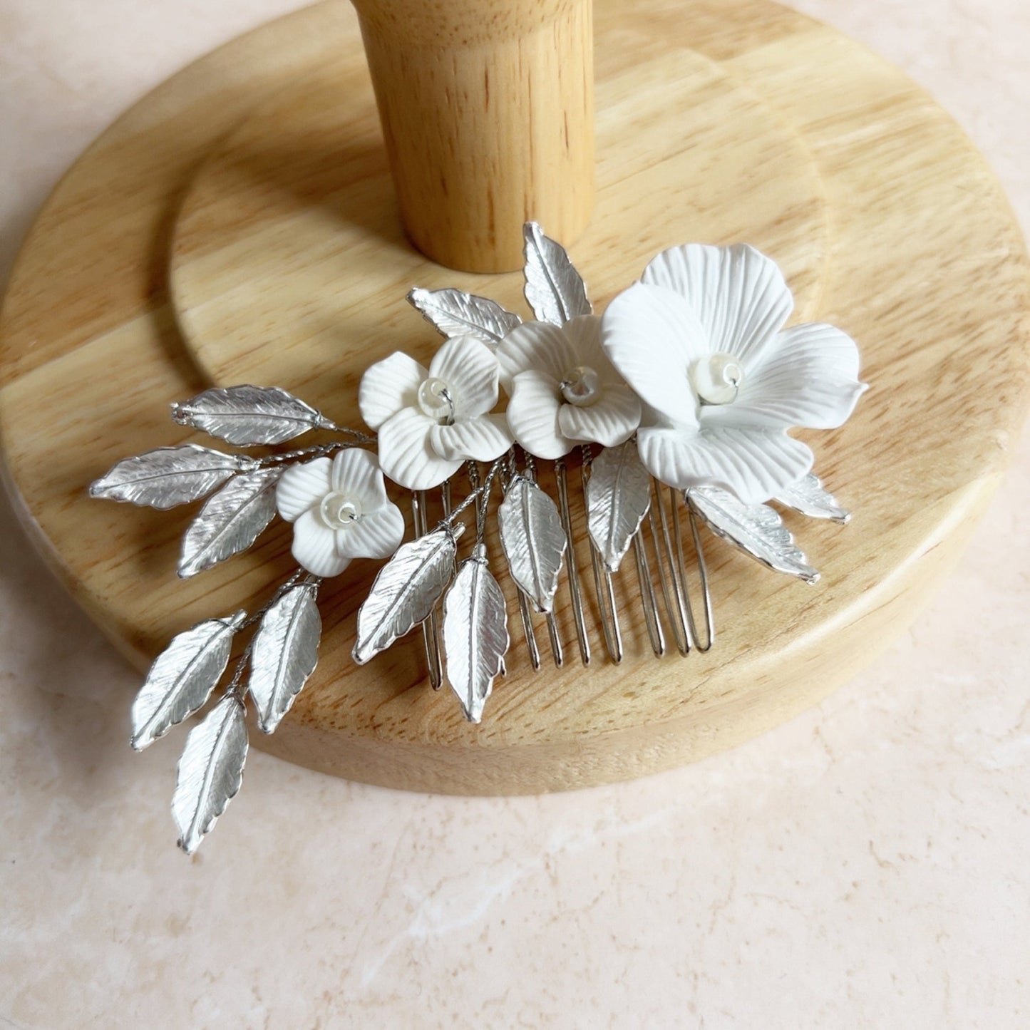 White and silver Bridal hair comb - Petal & Pearl