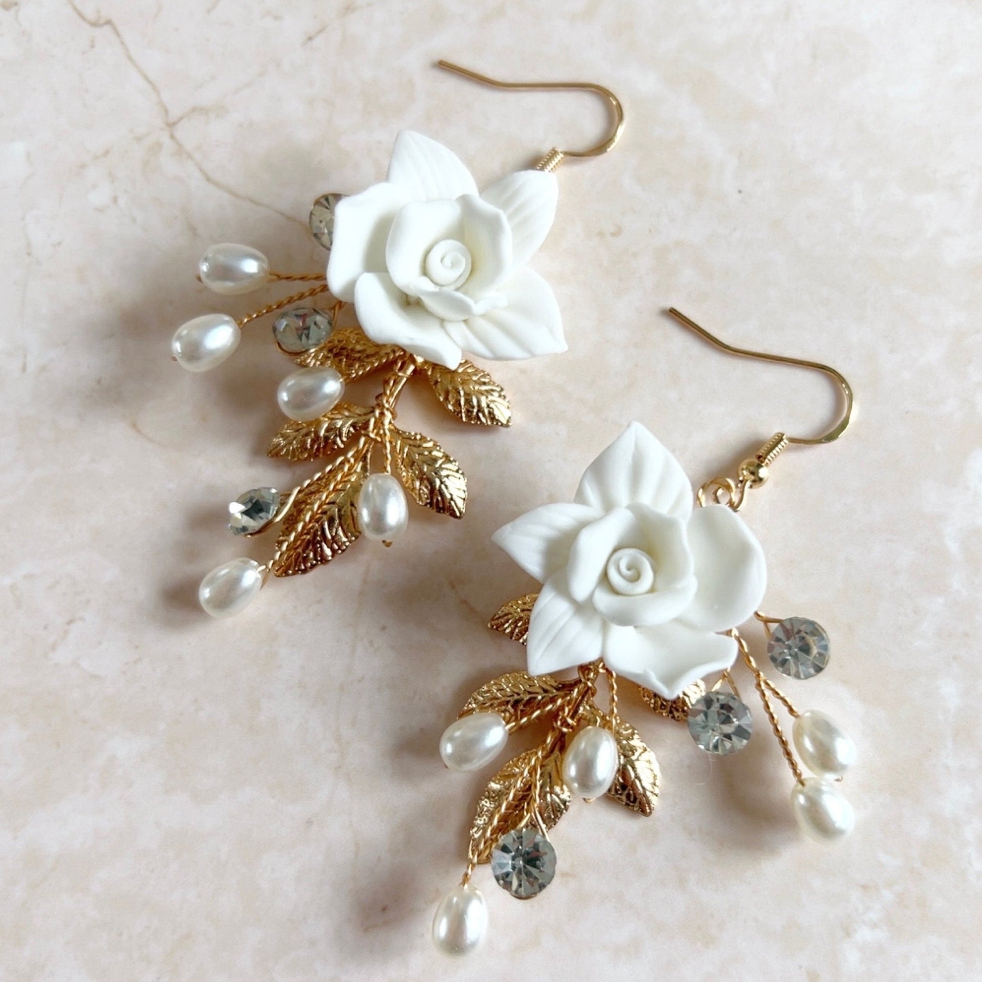 White flower and Gold leaf bridal earrings - Petal & Pearl