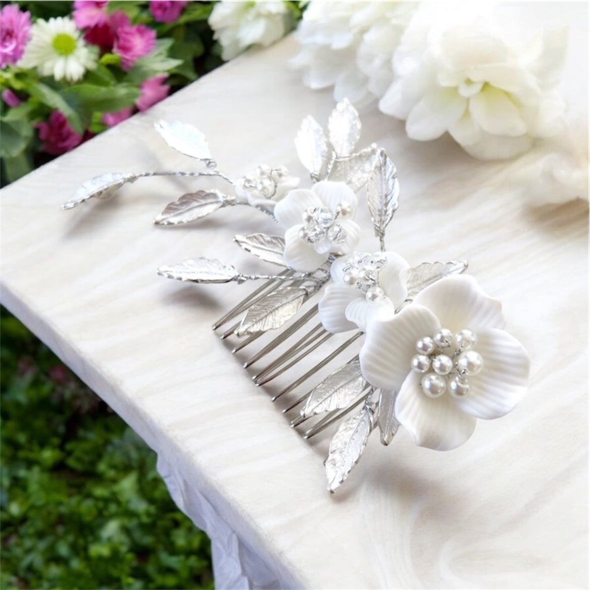 White flower Bridal hair comb - Petal & Pearl