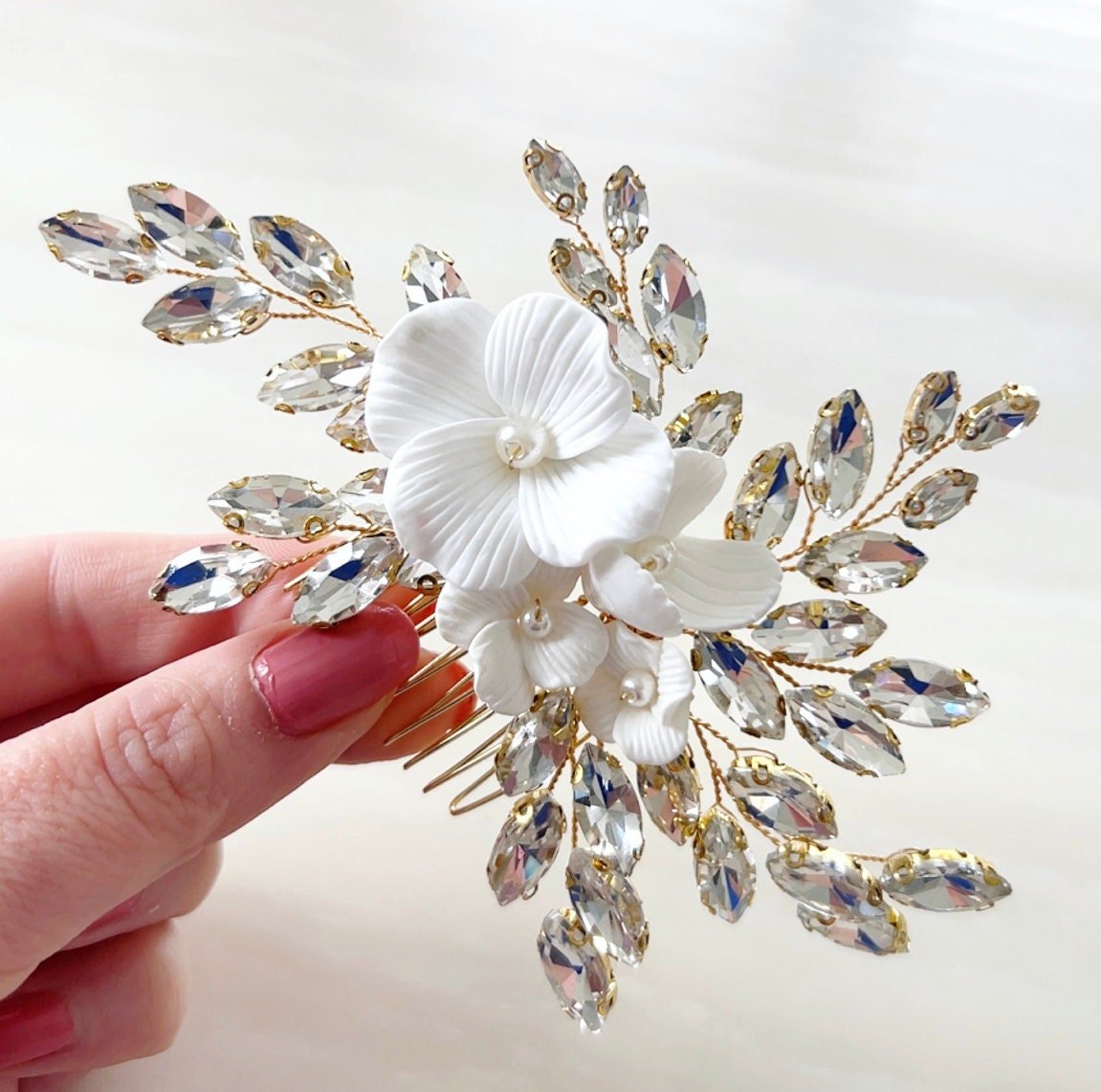 white flower bridal hair comb with clear crystals - Petal & Pearl