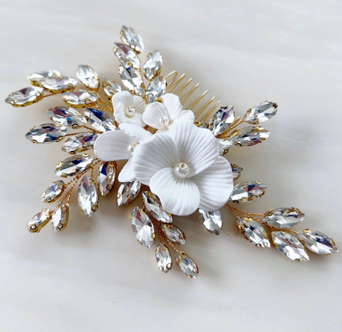 white flower bridal hair comb with clear crystals - Petal & Pearl