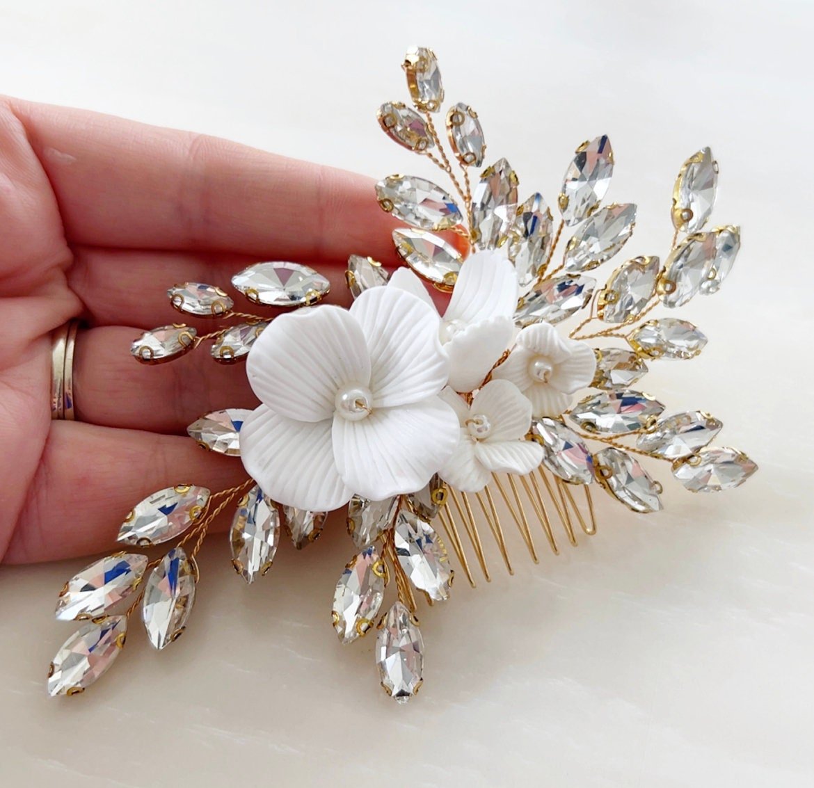 white flower bridal hair comb with clear crystals - Petal & Pearl