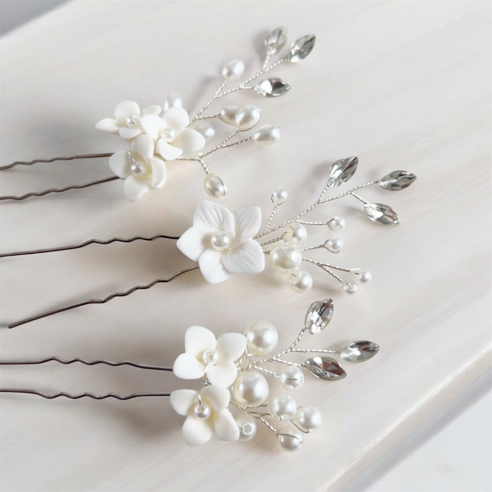 White flower Bridal Hair Pin Set - Petal & Pearl