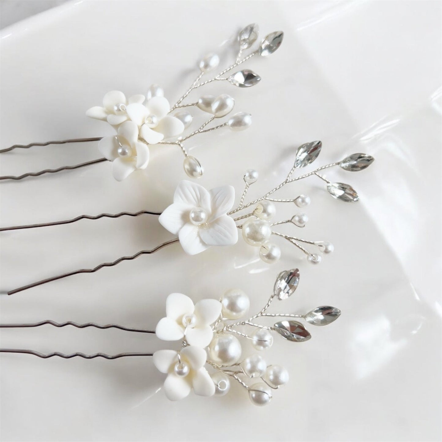 White flower Bridal Hair Pin Set - Petal & Pearl