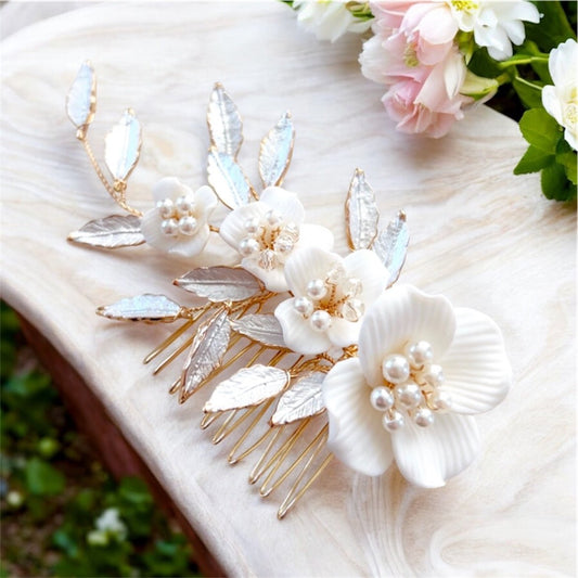 white flower bridal headpiece with pearls and crystals - Petal & Pearl