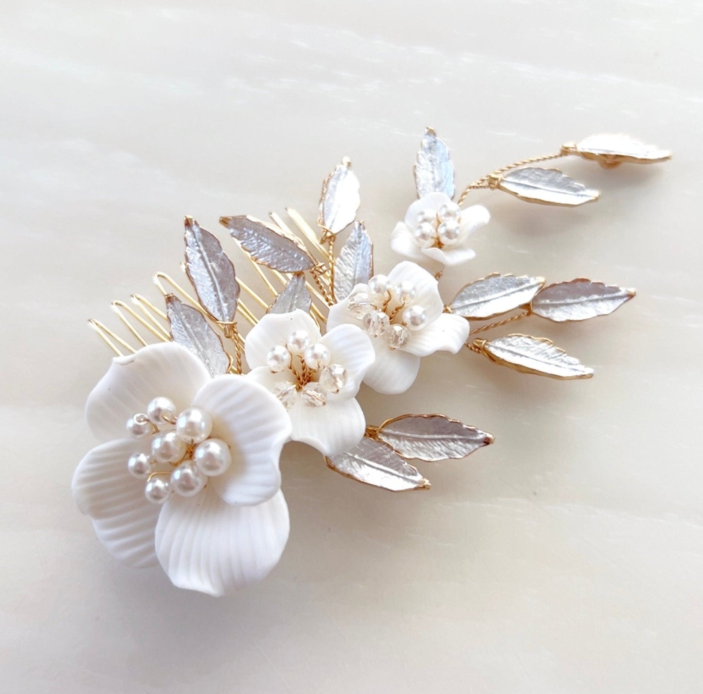 white flower bridal headpiece with pearls and crystals - Petal & Pearl