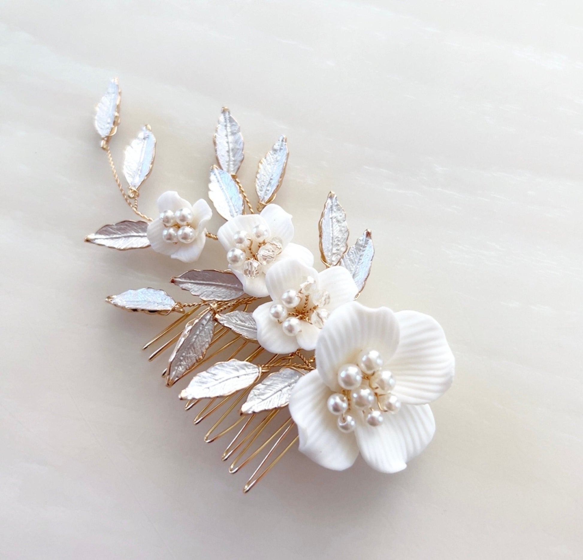 white flower bridal headpiece with pearls and crystals - Petal & Pearl