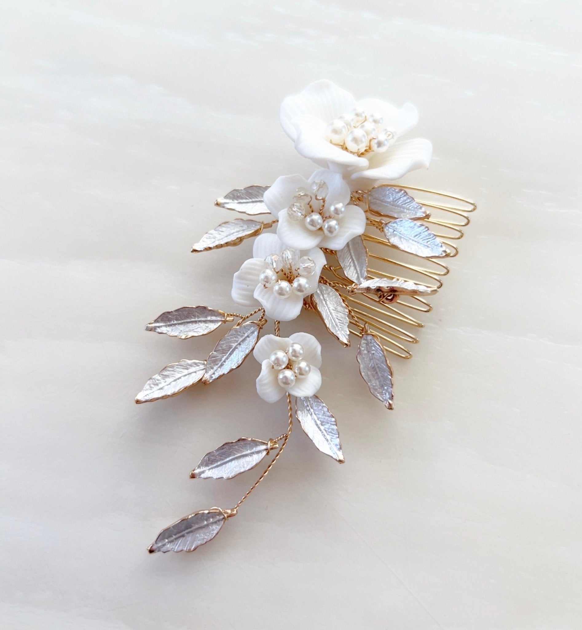 white flower bridal headpiece with pearls and crystals - Petal & Pearl