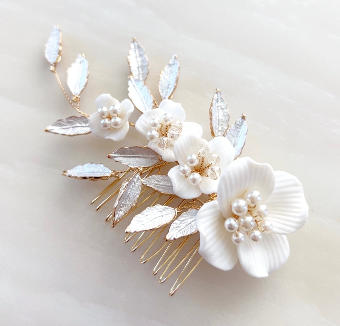 white flower bridal headpiece with pearls and crystals - Petal & Pearl