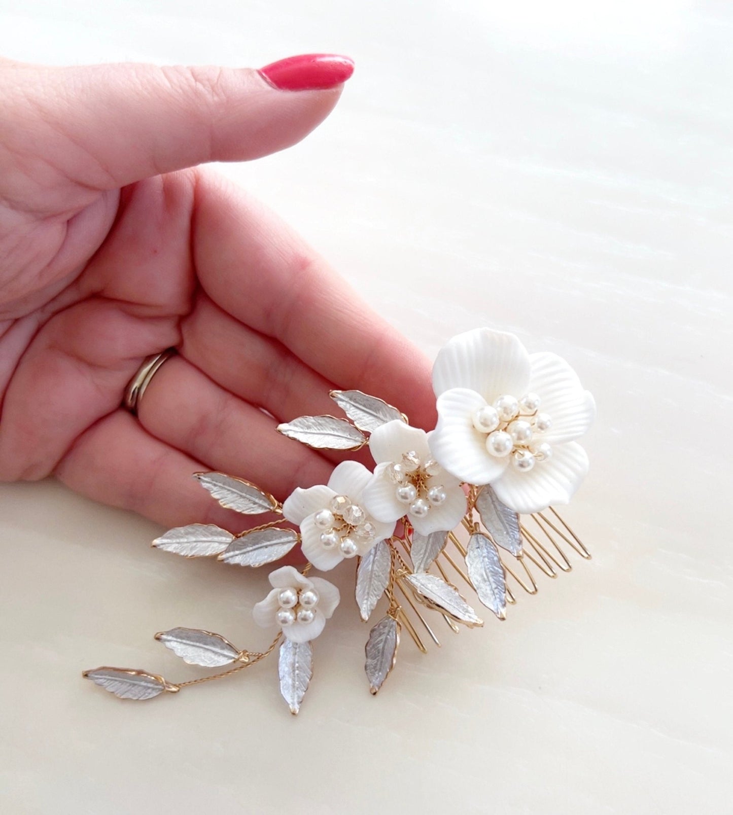 white flower bridal headpiece with pearls and crystals - Petal & Pearl