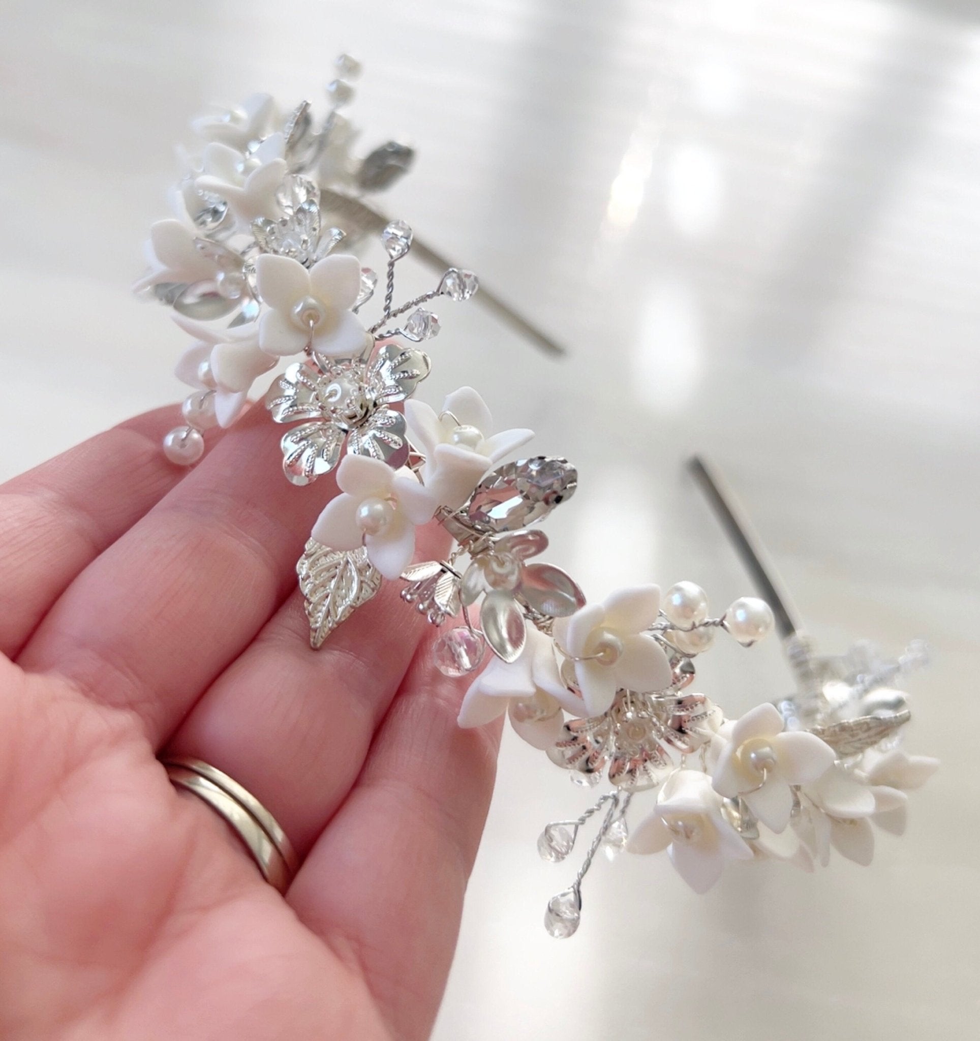 White porcelain bridal crown - Petal & Pearl