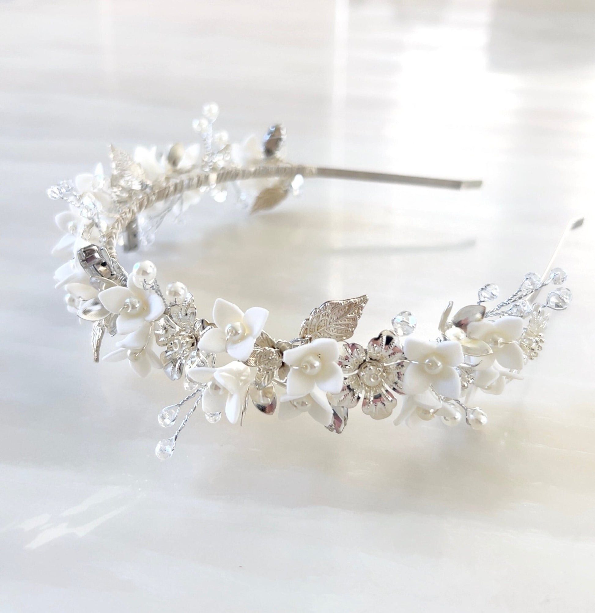 White porcelain bridal crown - Petal & Pearl