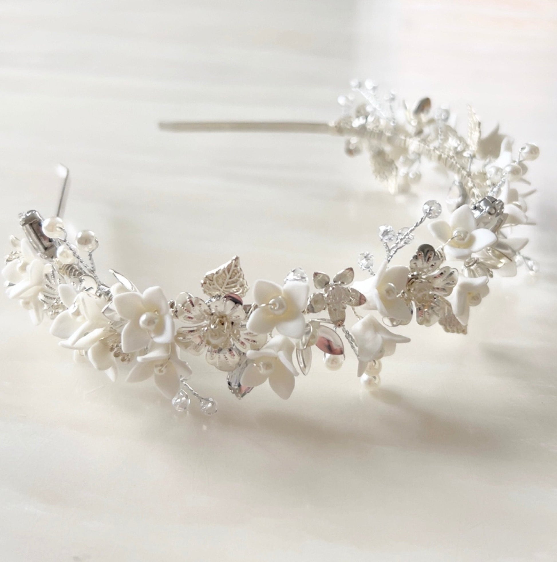 White porcelain bridal crown - Petal & Pearl